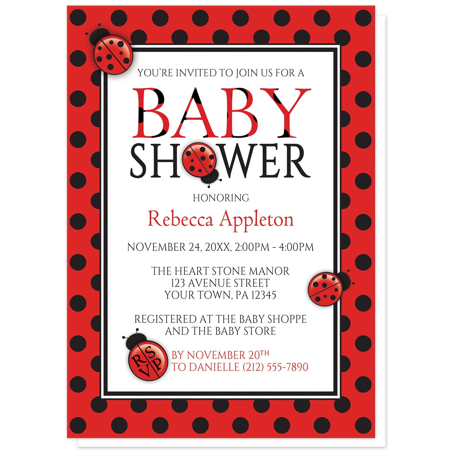 Polka Dot Red and Black Ladybug Baby Shower Invitations at Artistically Invited. Polka dot red and black ladybug baby shower invitations that are illustrated with cute ladybugs and a red and black polka dot pattern. The information you provide for your baby shower will be custom printed in red and black over white in the center. 