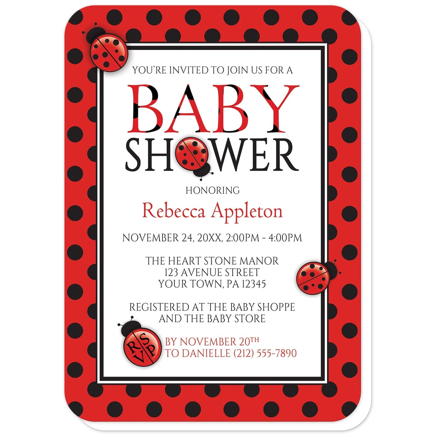 Polka Dot Red and Black Ladybug Baby Shower Invitations (with rounded corners) at Artistically Invited. Polka dot red and black ladybug baby shower invitations that are illustrated with cute ladybugs and a red and black polka dot pattern. The information you provide for your baby shower will be custom printed in red and black over white in the center. 