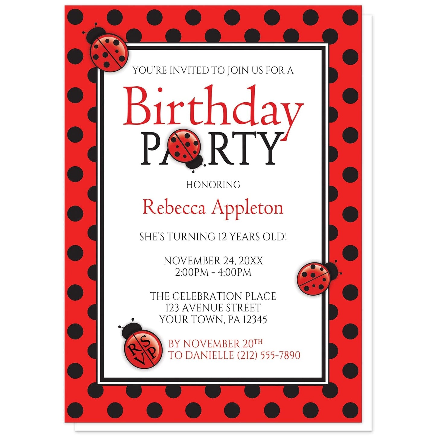 Polka Dot Red and Black Ladybug Birthday Party Invitations at Artistically Invited. Polka dot red and black ladybug birthday party invitations that are illustrated with cute ladybugs and a red and black polka dot pattern. The information you provide for your birthday party will be custom printed in red and black over white in the center. 