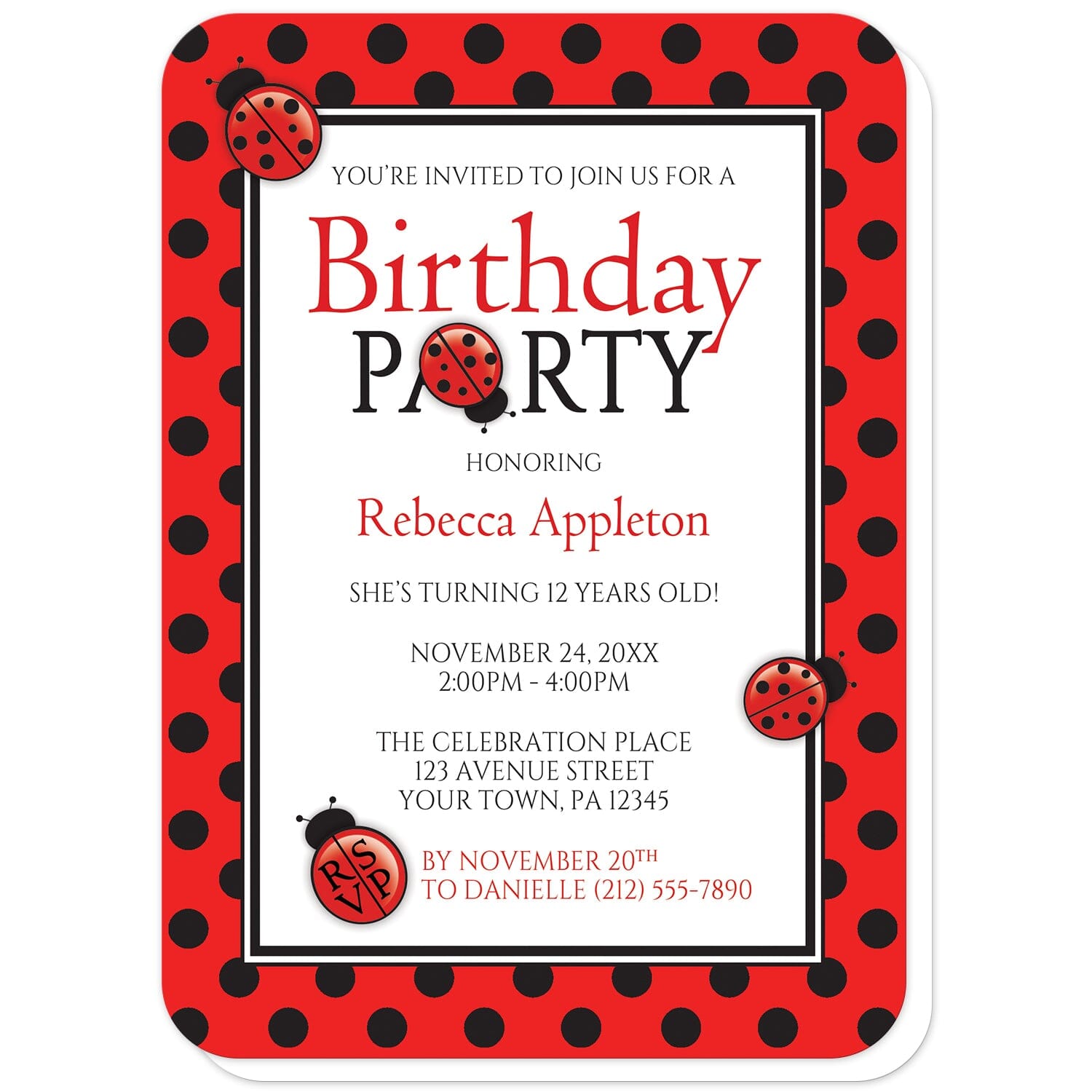 Polka Dot Red and Black Ladybug Birthday Party Invitations (with rounded corners) at Artistically Invited. Polka dot red and black ladybug birthday party invitations that are illustrated with cute ladybugs and a red and black polka dot pattern. The information you provide for your birthday party will be custom printed in red and black over white in the center. 