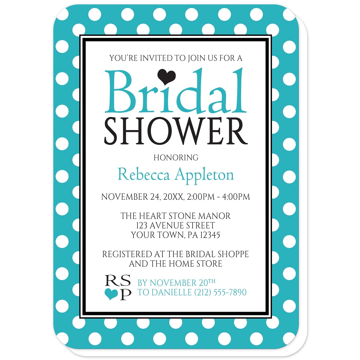 Polka Dot Turquoise Black and White Bridal Shower Invitations (with rounded corners) at Artistically Invited. Stylish polka dot turquoise black and white bridal shower invitations with your personalized bridal shower celebration details custom printed in turquoise and black inside a white rectangle outlined in black and white. The background design of these invitations is a white polka dots pattern over a bold turquoise color.
