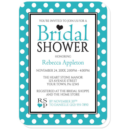 Polka Dot Turquoise Black and White Bridal Shower Invitations (with rounded corners) at Artistically Invited. Stylish polka dot turquoise black and white bridal shower invitations with your personalized bridal shower celebration details custom printed in turquoise and black inside a white rectangle outlined in black and white. The background design of these invitations is a white polka dots pattern over a bold turquoise color.