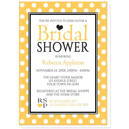 Polka Dot Yellow Black and White Bridal Shower Invitations at Artistically Invited. Stylish polka dot yellow black and white bridal shower invitations with your personalized bridal shower celebration details custom printed in yellow and black inside a white rectangle outlined in black and white. The background design of these invitations is a white polka dots pattern over a bold yellow color.