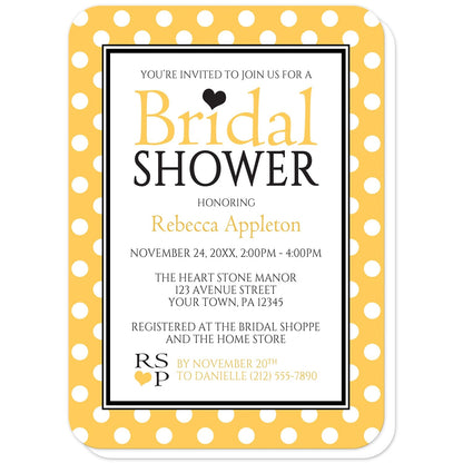 Polka Dot Yellow Black and White Bridal Shower Invitations (with rounded corners) at Artistically Invited. Stylish polka dot yellow black and white bridal shower invitations with your personalized bridal shower celebration details custom printed in yellow and black inside a white rectangle outlined in black and white. The background design of these invitations is a white polka dots pattern over a bold yellow color.