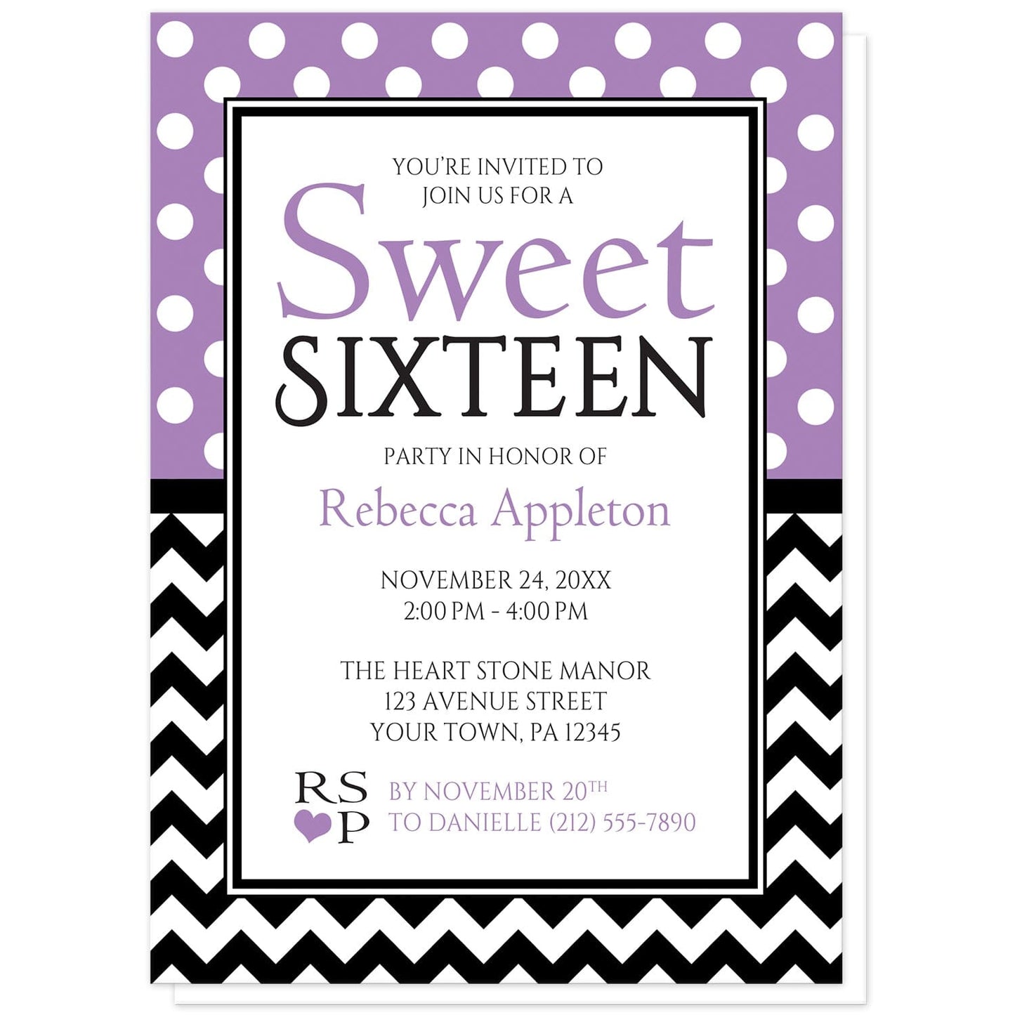 Polka Dot and Chevron Sweet 16 Invitations in Purple at Artistically Invited. Stylish patterned polka dot and chevron sweet 16 Invitations with white polka dots over purple on the top half and a black and white chevron zigzag pattern on the bottom half.  Your personalized sweet sixteen birthday party details are custom printed in purple and black in the center.