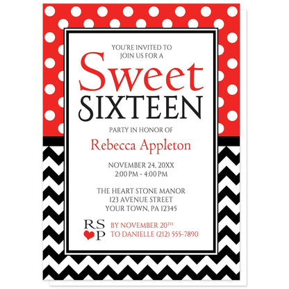 Polka Dot and Chevron Sweet 16 Invitations in Red at Artistically Invited. Stylish patterned polka dot and chevron sweet 16 Invitations with white polka dots over red on the top half and a black and white chevron zigzag pattern on the bottom half.  Your personalized sweet sixteen birthday party details are custom printed in red and black in the center.