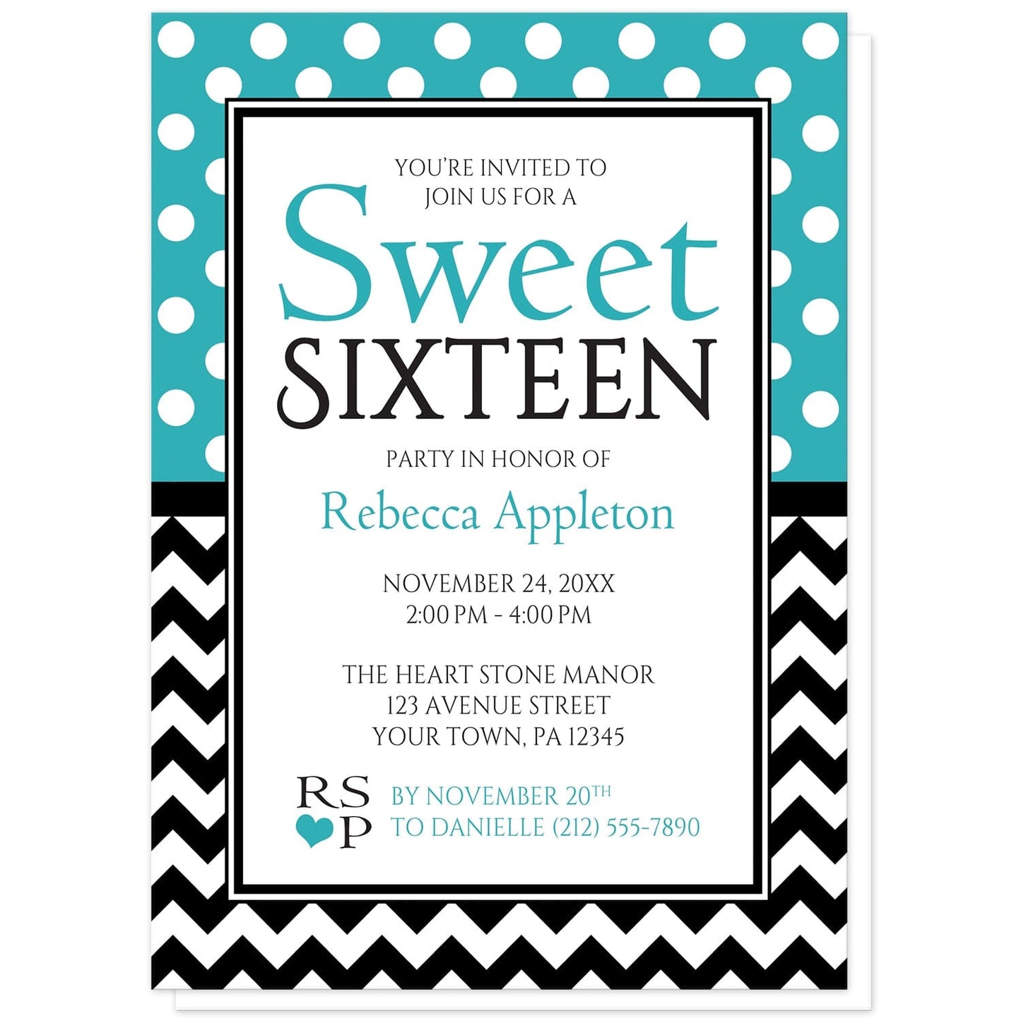 Polka Dot and Chevron Sweet 16 Invitations in Turquoise at Artistically Invited. Stylish patterned polka dot and chevron sweet 16 Invitations with white polka dots over turquoise on the top half and a black and white chevron zigzag pattern on the bottom half.  Your personalized sweet sixteen birthday party details are custom printed in turquoise and black in the center.