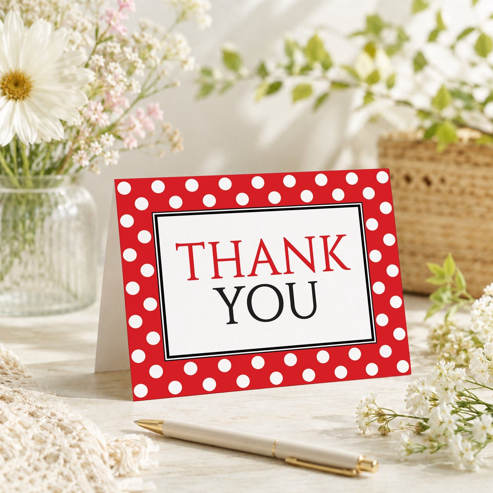 Polka Dot Red Black and White Thank You Card shown on a tabletop with a vase, spring and summer flowers, and a pen.