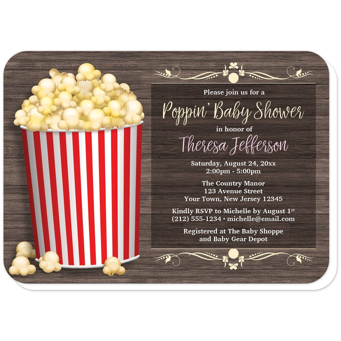 Popcorn Bucket Rustic Wood Baby Shower Invitations (with rounded corners) at Artistically Invited. Unique popcorn bucket rustic wood baby shower invitations with an illustration of a filled red-striped popcorn bucket over a brown wood pattern background. The occasion title reads "Poppin' Baby Shower", but this can be changed if desired. The information you provide for your baby shower will be printed in pink, yellow, and white over a darker screen-like area of the rustic wood background on the right.