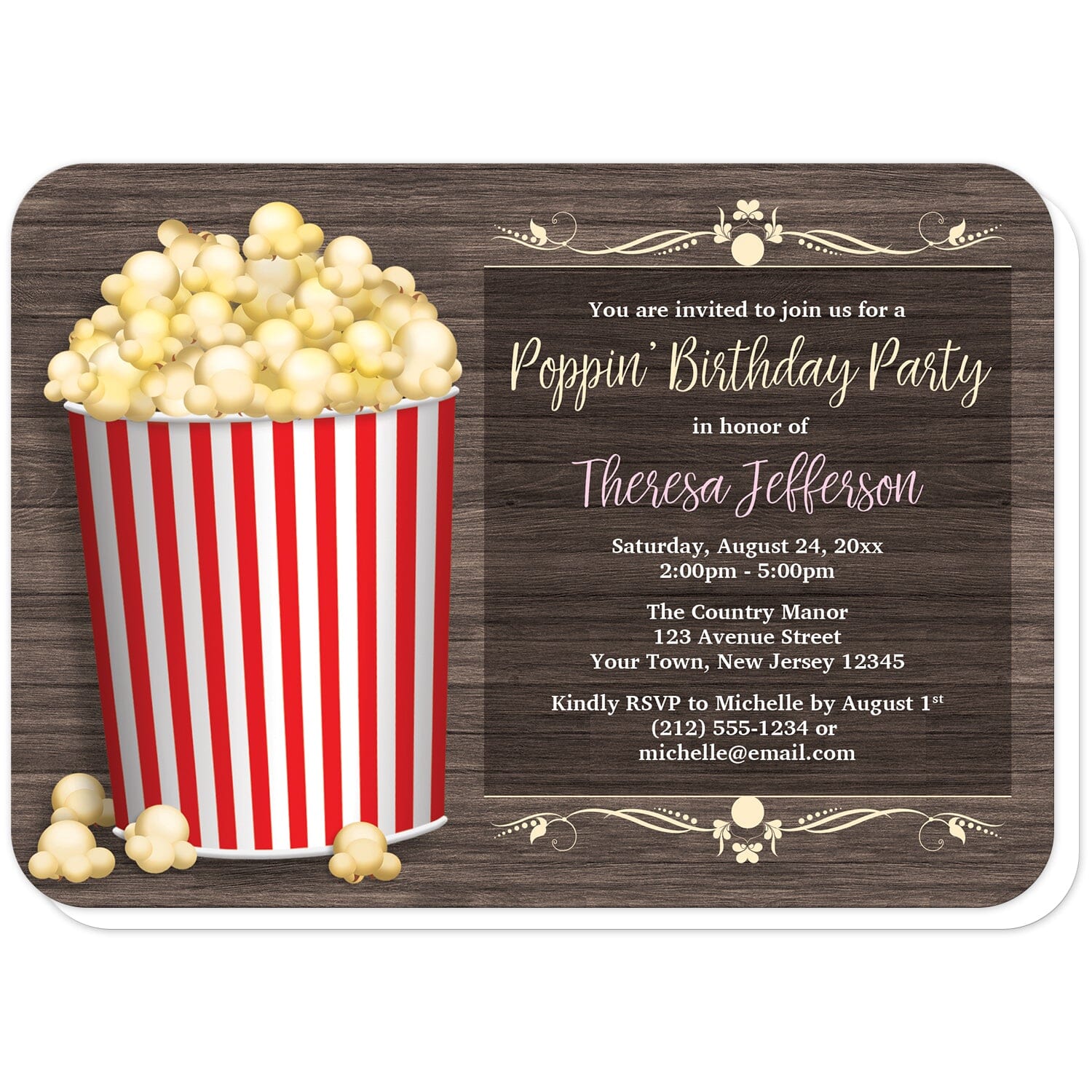 Popcorn Bucket Rustic Wood Birthday Party Invitations (with rounded corners) at Artistically Invited. Popcorn bucket rustic wood birthday party invitations for age or milestone that are uniquely illustrated with a red stripe popcorn bucket filled to the top and overflowing. Your personalized birthday party details are custom printed in yellow, pink (the pink can be changed upon request), and white over a darkened movie screen-like area to the right of the bucket. The background is a rustic wood pattern. 