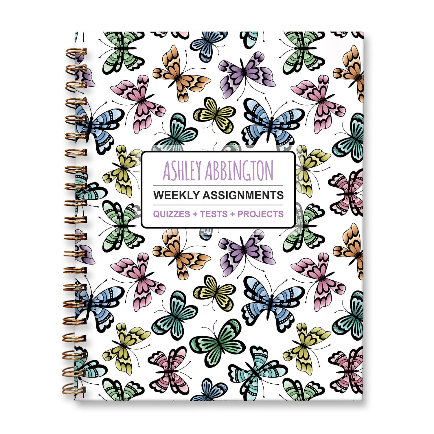Personalized Pretty Butterfly Weekly Assignments Book for students to track their homework, quizzes and tests, and projects every week for school. 