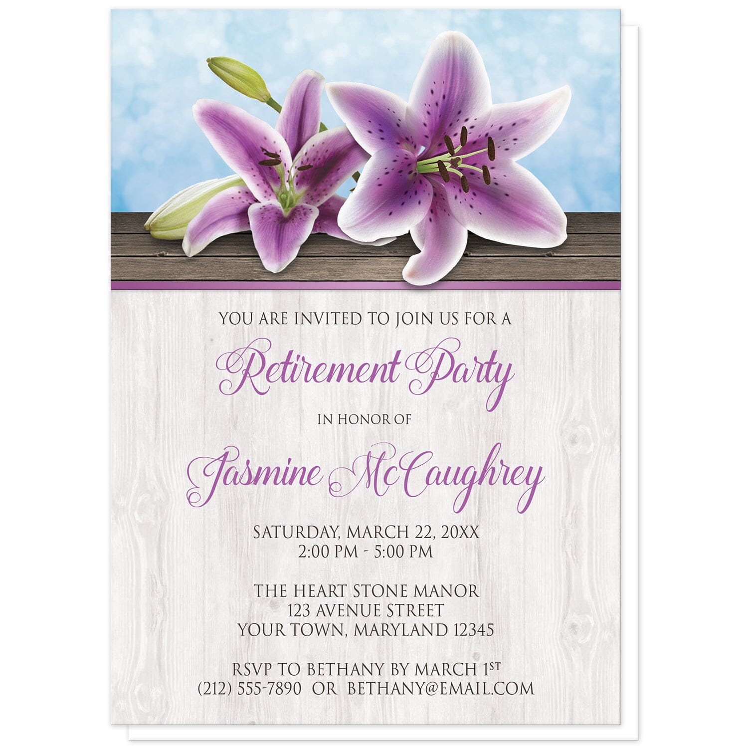 Pretty Floral Wood Purple Lily Retirement Invitations at Artistically Invited. Southern country-inspired pretty floral wood purple lily retirement invitations with two purple lilies on a light wood surface over a blue background design. Your personalized retirement party details are custom printed in purple and dark brown over the light wood pattern.