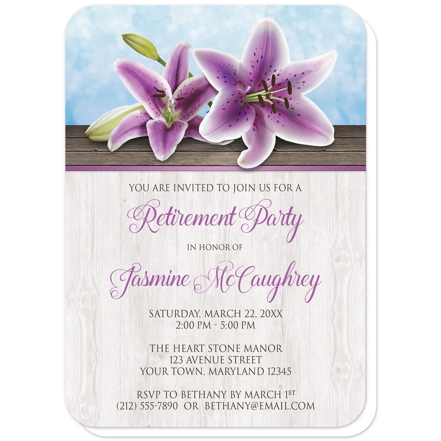 Pretty Floral Wood Purple Lily Retirement Invitations (with rounded corners) at Artistically Invited. Southern country-inspired pretty floral wood purple lily retirement invitations with two purple lilies on a light wood surface over a blue background design. Your personalized retirement party details are custom printed in purple and dark brown over the light wood pattern.