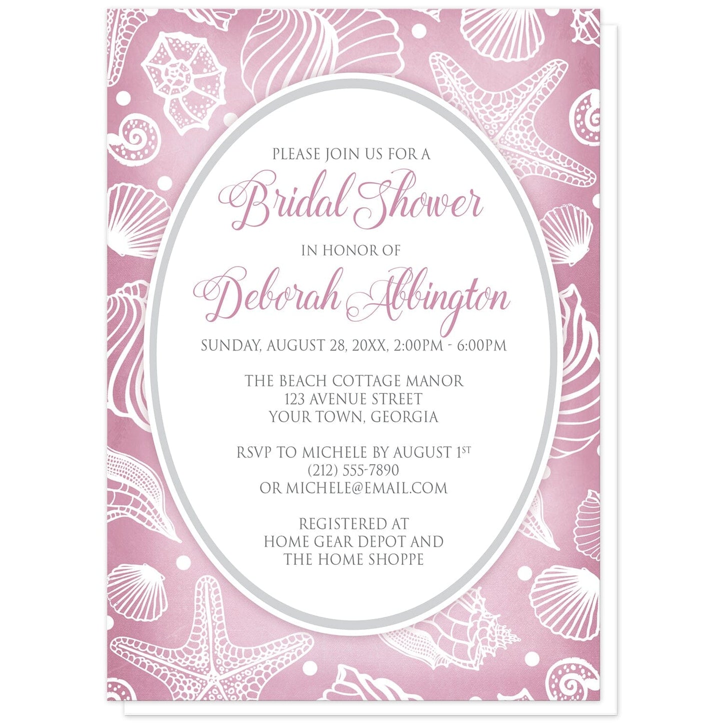 Pretty Pink Beach Seashell Bridal Shower Invitations at Artistically Invited. Pretty pink beach seashell bridal shower invitations with a white line seashell pattern over an organic-like pink background. Your personalized bridal shower celebration details are custom printed in pink and gray in a white oval frame in the center of these seashell invites.