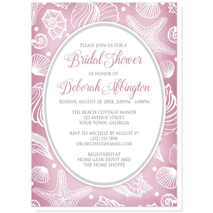 Pretty Pink Beach Seashell Bridal Shower Invitations at Artistically Invited. Pretty pink beach seashell bridal shower invitations with a white line seashell pattern over an organic-like pink background. Your personalized bridal shower celebration details are custom printed in pink and gray in a white oval frame in the center of these seashell invites.