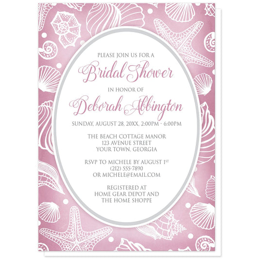 Pretty Pink Beach Seashell Bridal Shower Invitations at Artistically Invited. Pretty pink beach seashell bridal shower invitations with a white line seashell pattern over an organic-like pink background. Your personalized bridal shower celebration details are custom printed in pink and gray in a white oval frame in the center of these seashell invites.