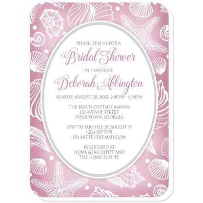 Pretty Pink Beach Seashell Bridal Shower Invitations (with rounded corners) at Artistically Invited. Pretty pink beach seashell bridal shower invitations with a white line seashell pattern over an organic-like pink background. Your personalized bridal shower celebration details are custom printed in pink and gray in a white oval frame in the center of these seashell invites.