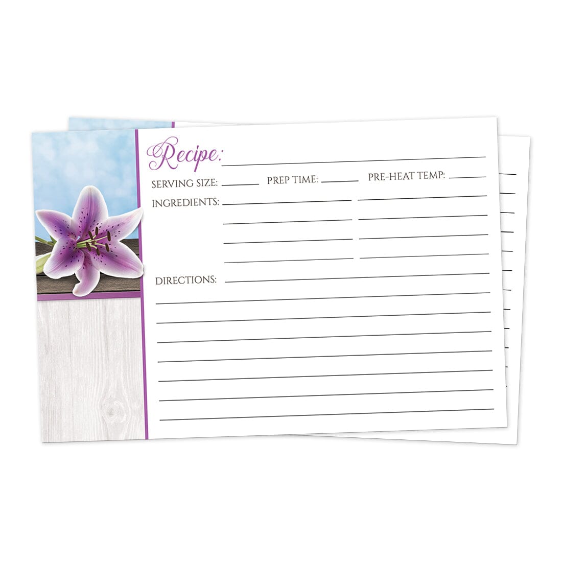 Front side of the Pretty Floral Wood Purple Lily Recipe Cards