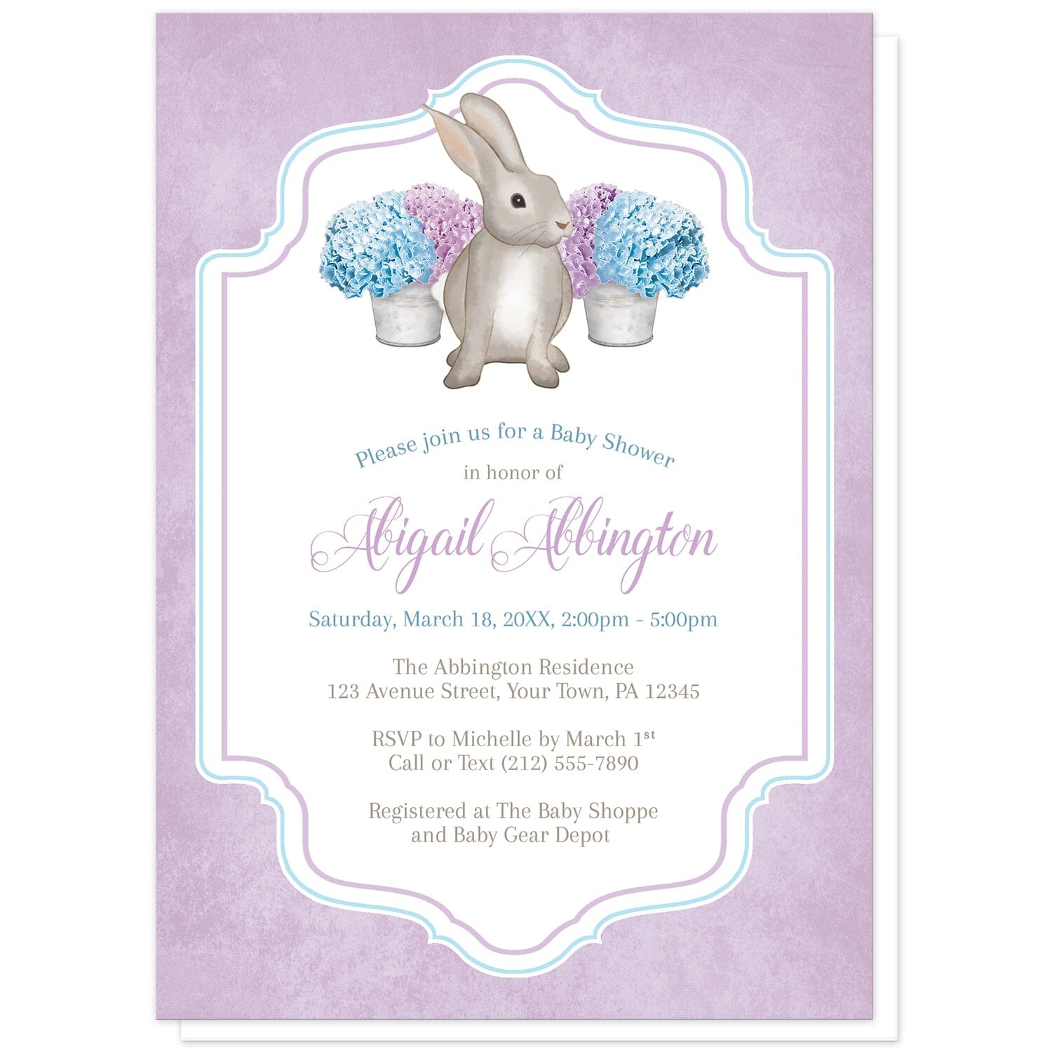 Purple Blue Hydrangea Rabbit Baby Shower Invitations at Artistically Invited. Purple blue hydrangea rabbit baby shower invitations with a watercolor-inspired illustration of cute little brown bunny rabbit with blue and purple hydrangea floral arrangements in tin buckets. Your personalized baby shower celebration details are custom printed in purple, blue, and brown in the white frame area outlined with blue and purple, over a light rustic purple colored background.