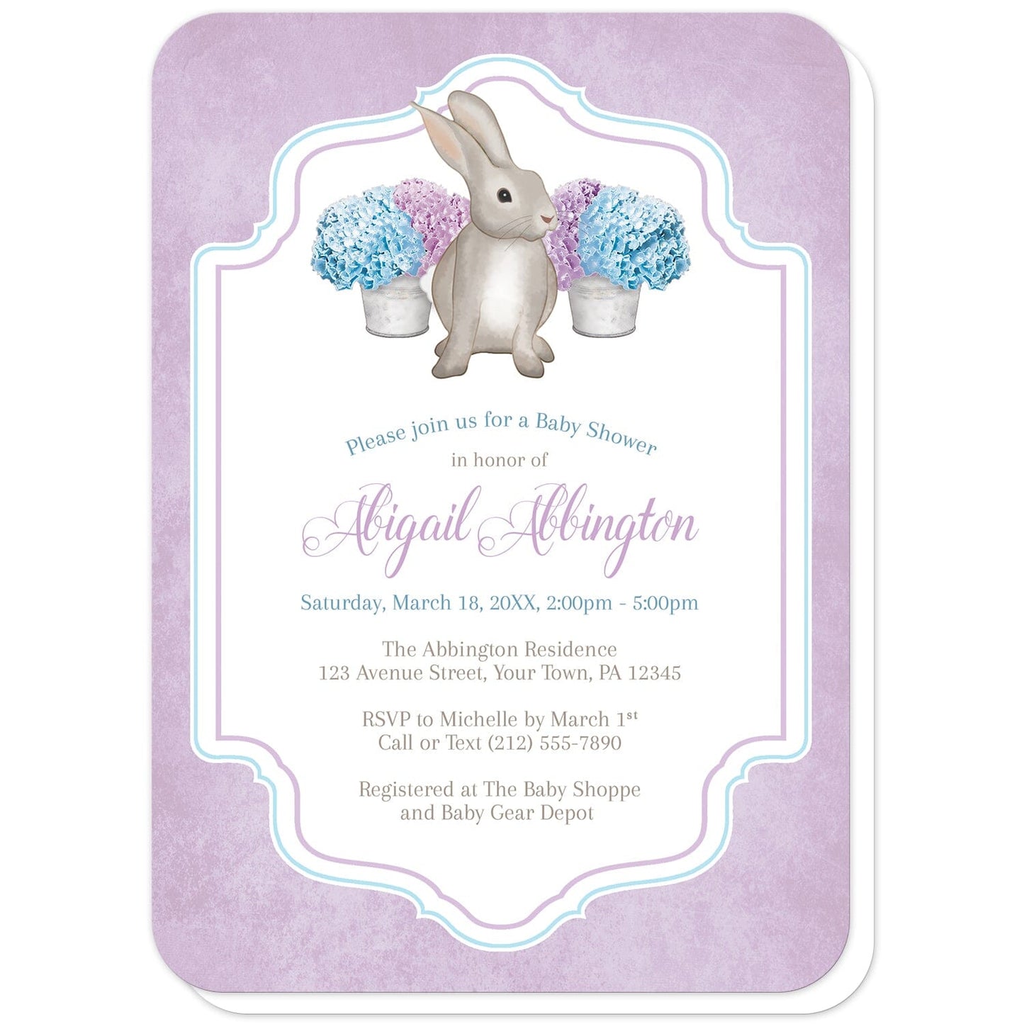 Purple Blue Hydrangea Rabbit Baby Shower Invitations (with rounded corners) at Artistically Invited. Purple blue hydrangea rabbit baby shower invitations with a watercolor-inspired illustration of cute little brown bunny rabbit with blue and purple hydrangea floral arrangements in tin buckets. Your personalized baby shower celebration details are custom printed in purple, blue, and brown in the white frame area outlined with blue and purple, over a light rustic purple colored background.