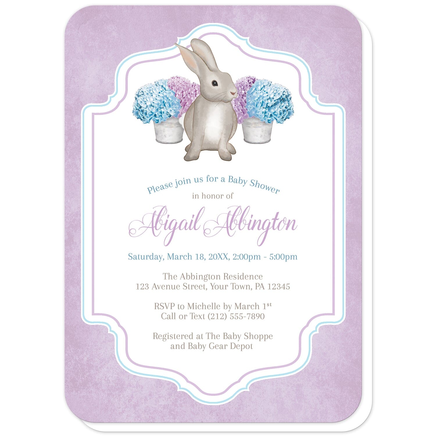 Purple Blue Hydrangea Rabbit Baby Shower Invitations (with rounded corners) at Artistically Invited. Purple blue hydrangea rabbit baby shower invitations with a watercolor-inspired illustration of cute little brown bunny rabbit with blue and purple hydrangea floral arrangements in tin buckets. Your personalized baby shower celebration details are custom printed in purple, blue, and brown in the white frame area outlined with blue and purple, over a light rustic purple colored background.