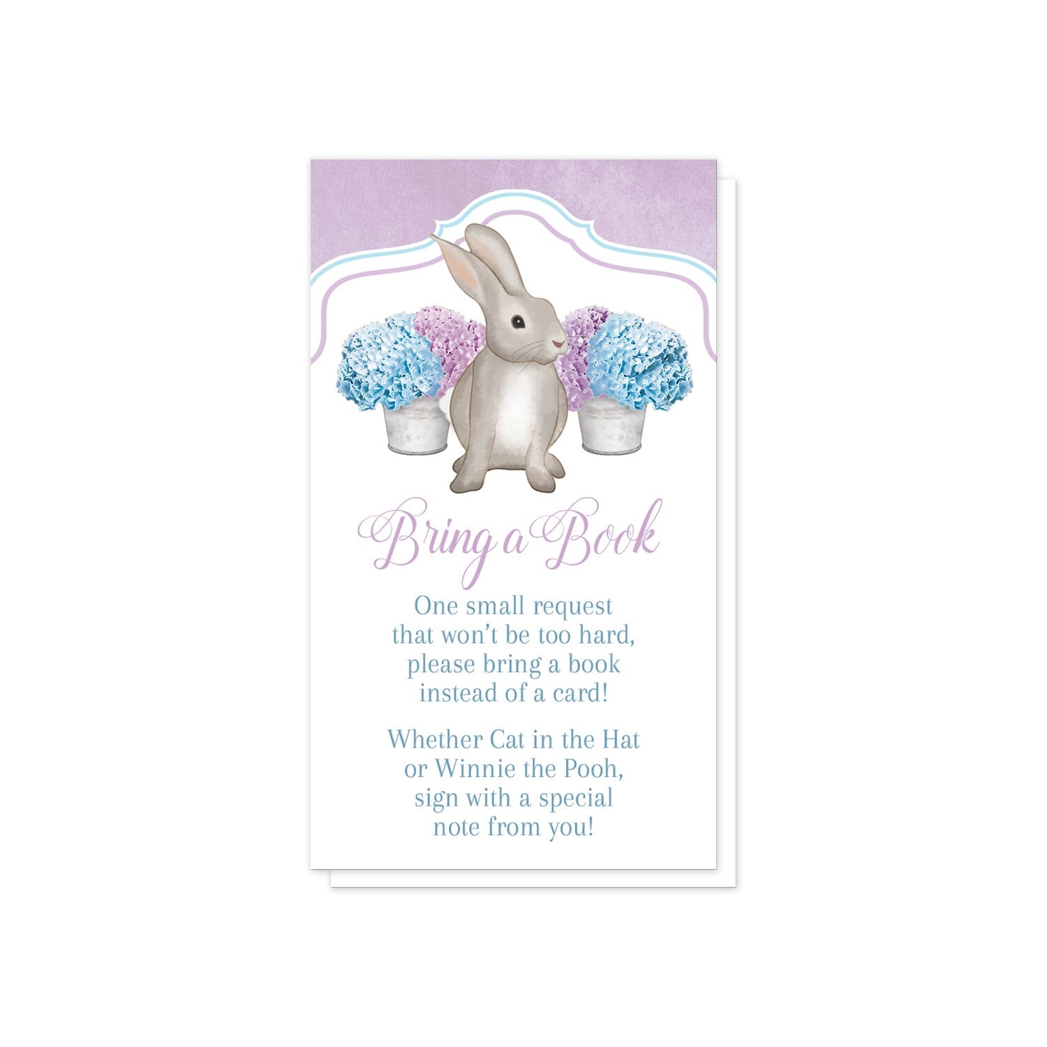Purple Blue Hydrangea Rabbit Bring a Book Cards at Artistically Invited. Adorable purple blue hydrangea rabbit bring a book cards with a watercolor-inspired illustration of cute little brown bunny rabbit with blue and purple hydrangea floral arrangements in tin buckets behind it and a rustic purple background at the top. Your book request details are printed in purple and blue on white below the cute rabbit. 