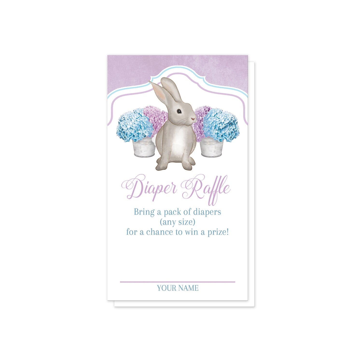 Purple Blue Hydrangea Rabbit Diaper Raffle Cards at Artistically Invited. Adorable purple blue hydrangea rabbit diaper raffle cards with a watercolor-inspired illustration of cute little brown bunny rabbit with blue and purple hydrangea floral arrangements in tin buckets behind it and a rustic purple background at the top. Your diaper raffle details are printed in purple and blue on white below the cute rabbit. 