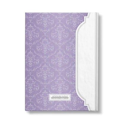Personalized Purple Damask Journal at Artistically Invited. Back side of the book.