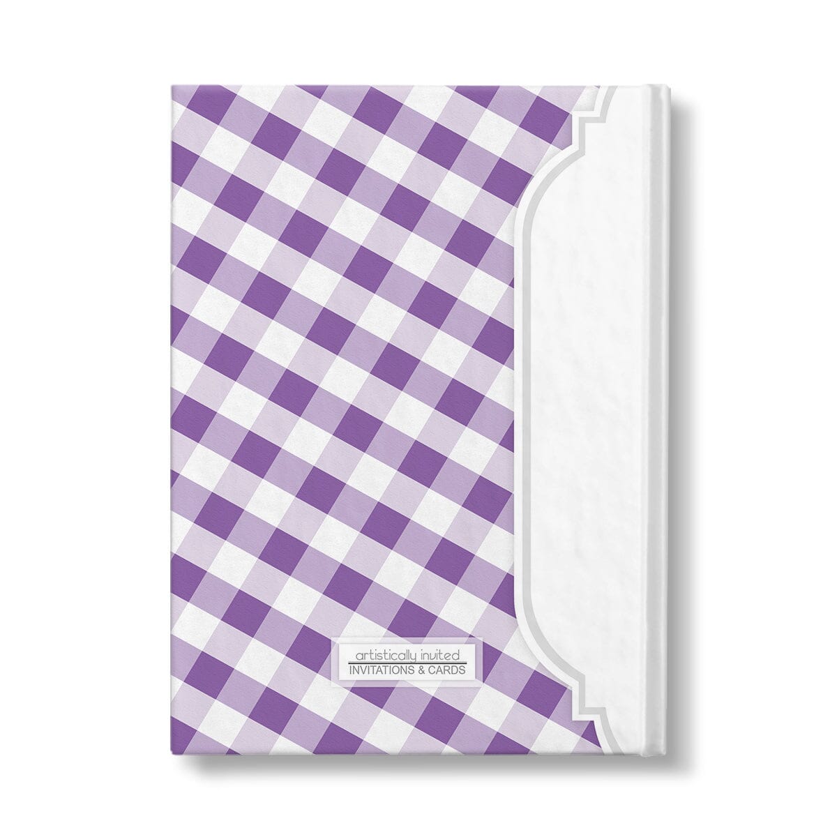 Personalized Purple Gingham Journal at Artistically Invited. Back side of the book.