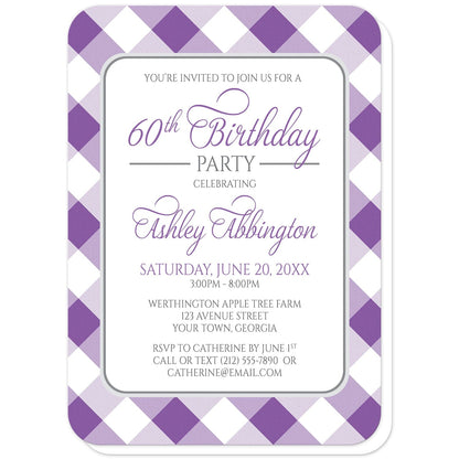 Purple Gingham Birthday Party Invitations (with rounded corners) at Artistically Invited. Purple gingham birthday party invitations with your personalized party details custom printed in purple and gray inside a white rectangular area outlined in gray. The background design is a diagonal purple and white gingham pattern. 