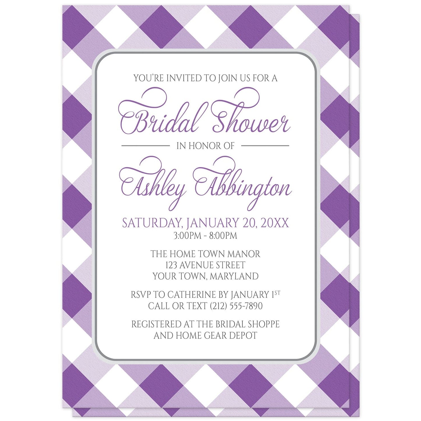 Purple Gingham Bridal Shower Invitations at Artistically Invited. Purple gingham bridal shower invitations with your personalized bridal shower celebration details custom printed in purple and gray inside a white rectangular area outlined in gray. The background design is a diagonal purple and white gingham pattern which is also printed on the back side of the invitations. 