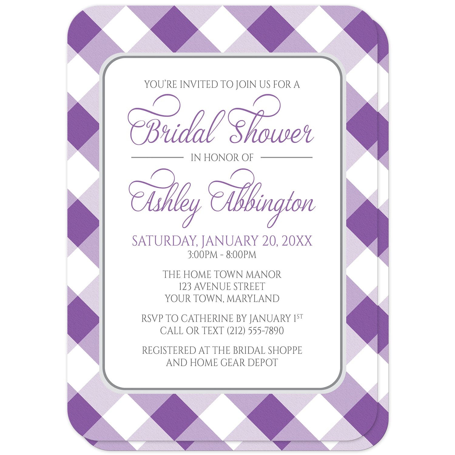Purple Gingham Bridal Shower Invitations (with rounded corners) at Artistically Invited. Purple gingham bridal shower invitations with your personalized bridal shower celebration details custom printed in purple and gray inside a white rectangular area outlined in gray. The background design is a diagonal purple and white gingham pattern which is also printed on the back side of the invitations. 