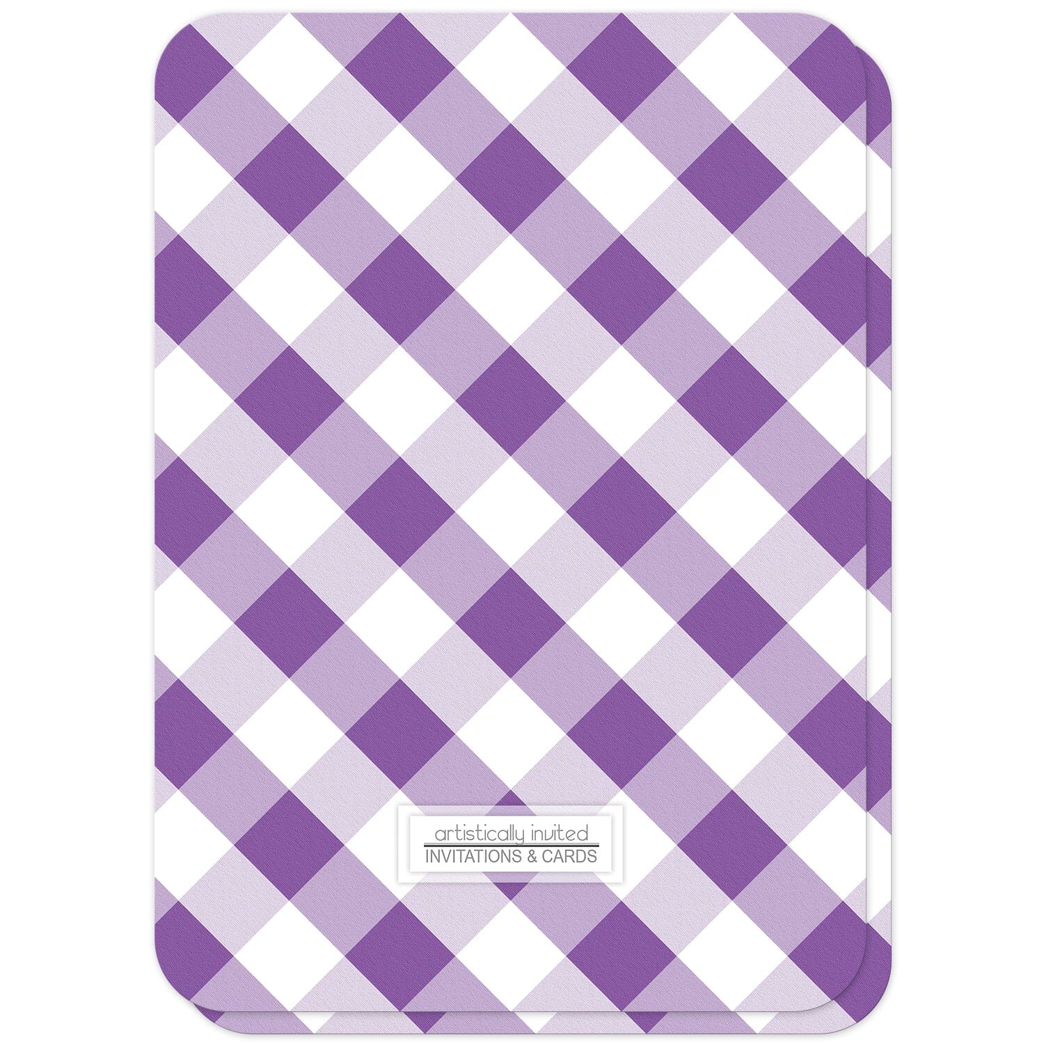 Purple Gingham Bridal Shower Invitations (back side with rounded corners) at Artistically Invited.