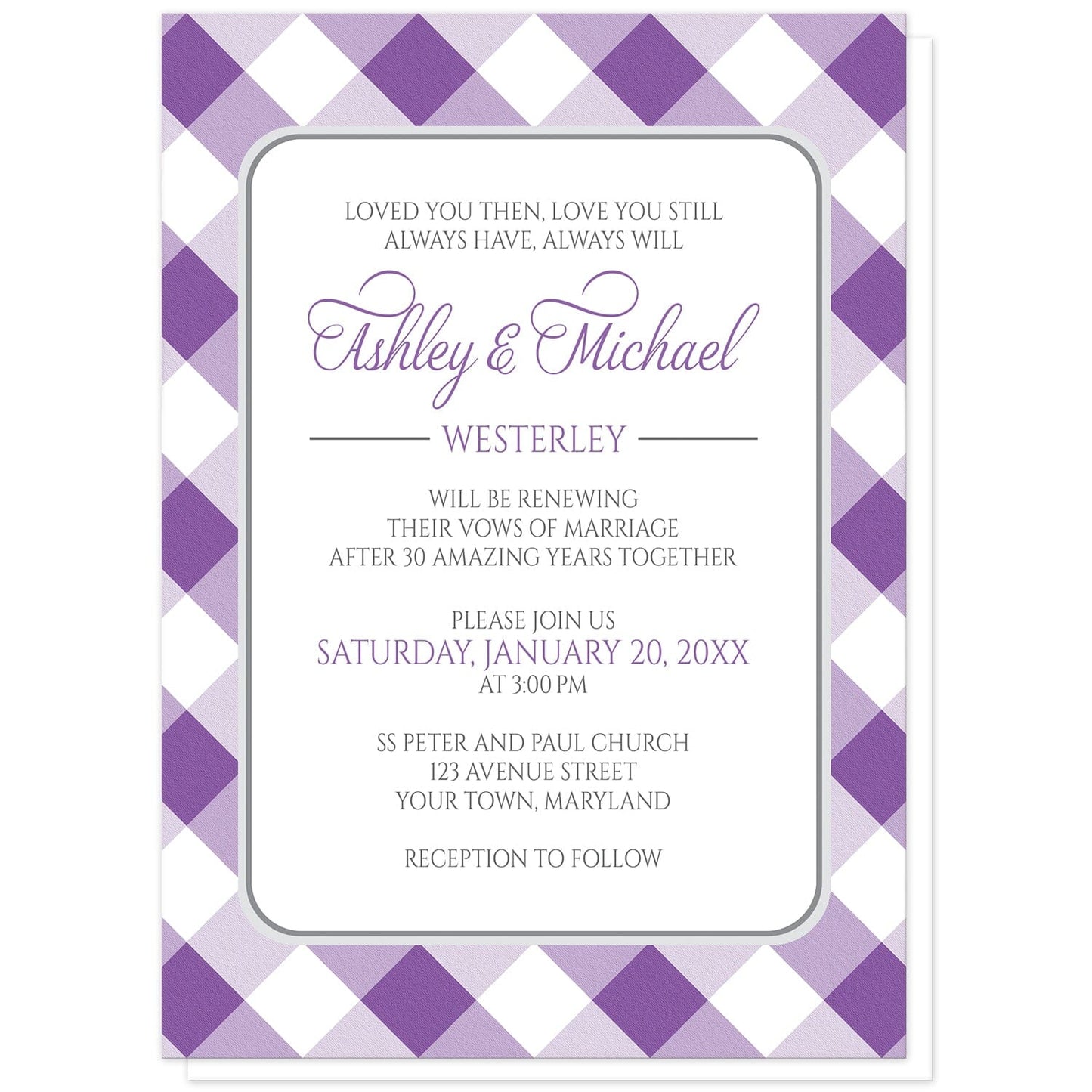 Purple Gingham Vow Renewal Invitations at Artistically Invited. Purple gingham vow renewal invitations with your personalized ceremony details custom printed in purple and gray inside a white rectangular area outlined in gray. The background design is a diagonal purple and white gingham pattern. 