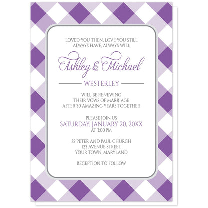 Purple Gingham Vow Renewal Invitations at Artistically Invited. Purple gingham vow renewal invitations with your personalized ceremony details custom printed in purple and gray inside a white rectangular area outlined in gray. The background design is a diagonal purple and white gingham pattern. 
