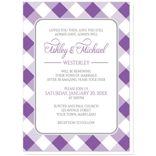 Purple Gingham Vow Renewal Invitations at Artistically Invited. Purple gingham vow renewal invitations with your personalized ceremony details custom printed in purple and gray inside a white rectangular area outlined in gray. The background design is a diagonal purple and white gingham pattern. 