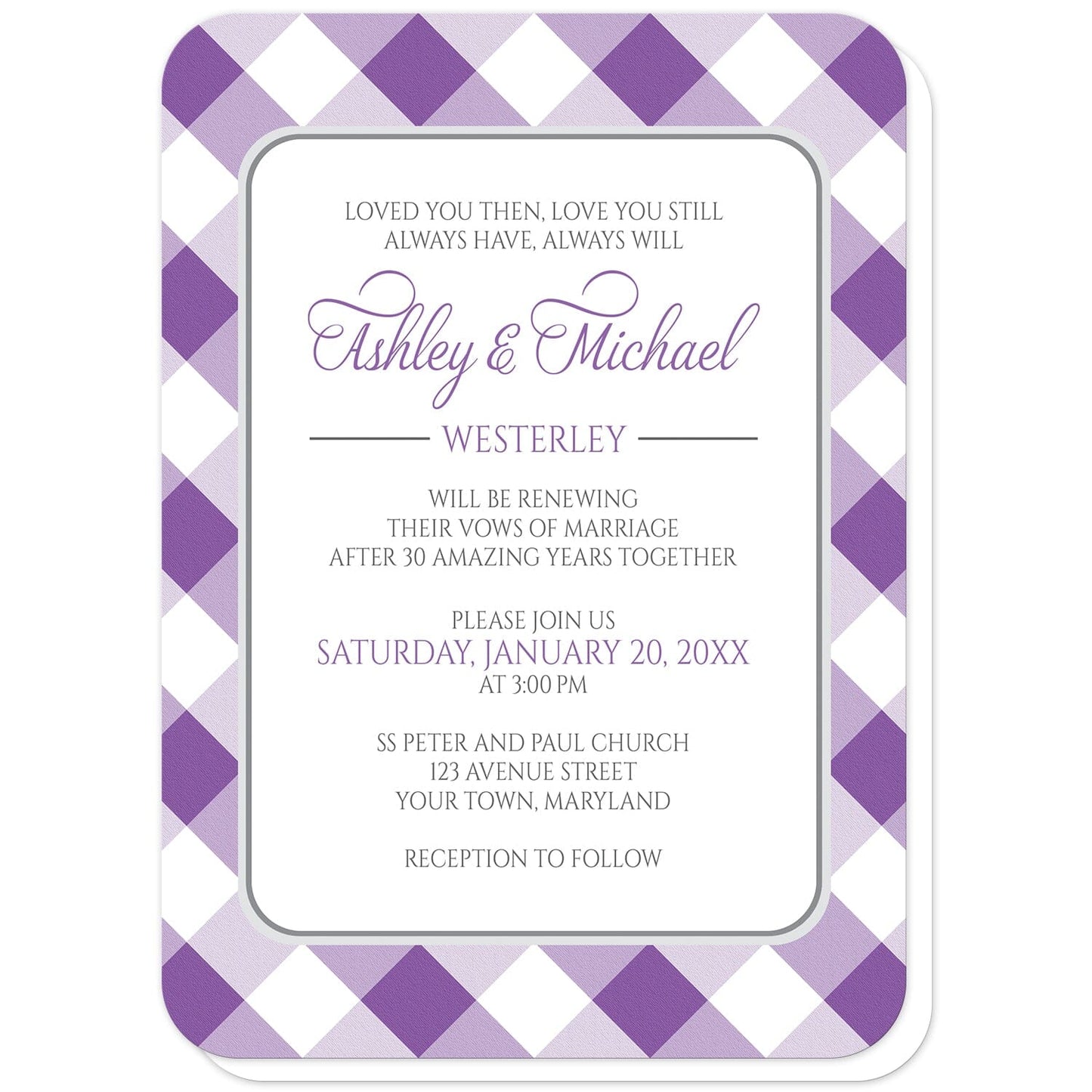 Purple Gingham Vow Renewal Invitations (with rounded corners) at Artistically Invited. Purple gingham vow renewal invitations with your personalized ceremony details custom printed in purple and gray inside a white rectangular area outlined in gray. The background design is a diagonal purple and white gingham pattern. 