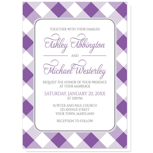 Purple Gingham Wedding Invitations at Artistically Invited. Purple gingham wedding invitations with your personalized wedding ceremony details custom printed in purple and gray inside a white rectangular area outlined in gray. The background design is a diagonal purple and white gingham pattern. 