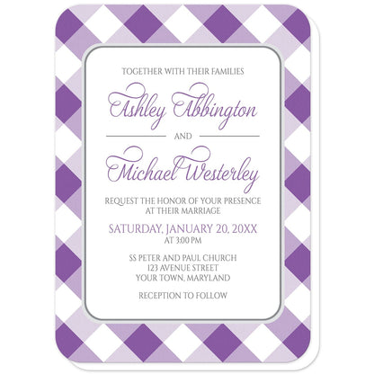 Purple Gingham Wedding Invitations (with rounded corners) at Artistically Invited. Purple gingham wedding invitations with your personalized wedding ceremony details custom printed in purple and gray inside a white rectangular area outlined in gray. The background design is a diagonal purple and white gingham pattern. 