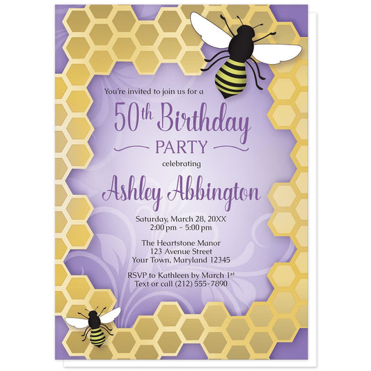 Purple Honeycomb Bee Birthday Party Invitations at Artistically Invited. Purple honeycomb bee birthday party invitations with an illustration of two bees on a golden yellow honeycomb frame design around the invitation over a purple flourish background color. Your personalized birthday party details are custom printed in black and purple in the middle over the purple background design.