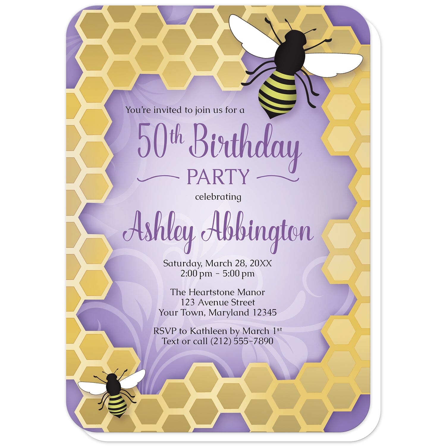 Purple Honeycomb Bee Birthday Party Invitations (with rounded corners) at Artistically Invited. Purple honeycomb bee birthday party invitations with an illustration of two bees on a golden yellow honeycomb frame design around the invitation over a purple flourish background color. Your personalized birthday party details are custom printed in black and purple in the middle over the purple background design.