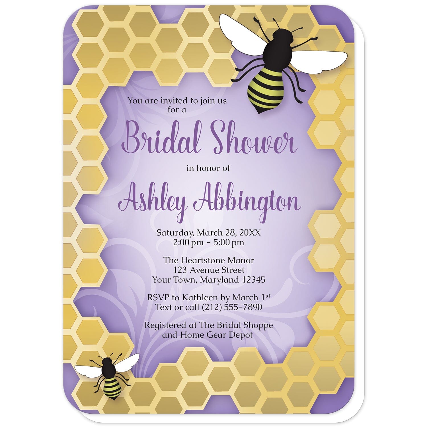 Purple Honeycomb Bee Bridal Shower Invitations (with rounded corners) at Artistically Invited. Purple honeycomb bee bridal shower invitations designed with an illustration of two bees on a golden honeycomb frame design around the invitation over a purple flourish background color. Your personalized bridal shower celebration details are custom printed in black and purple in the middle over the purple background design.