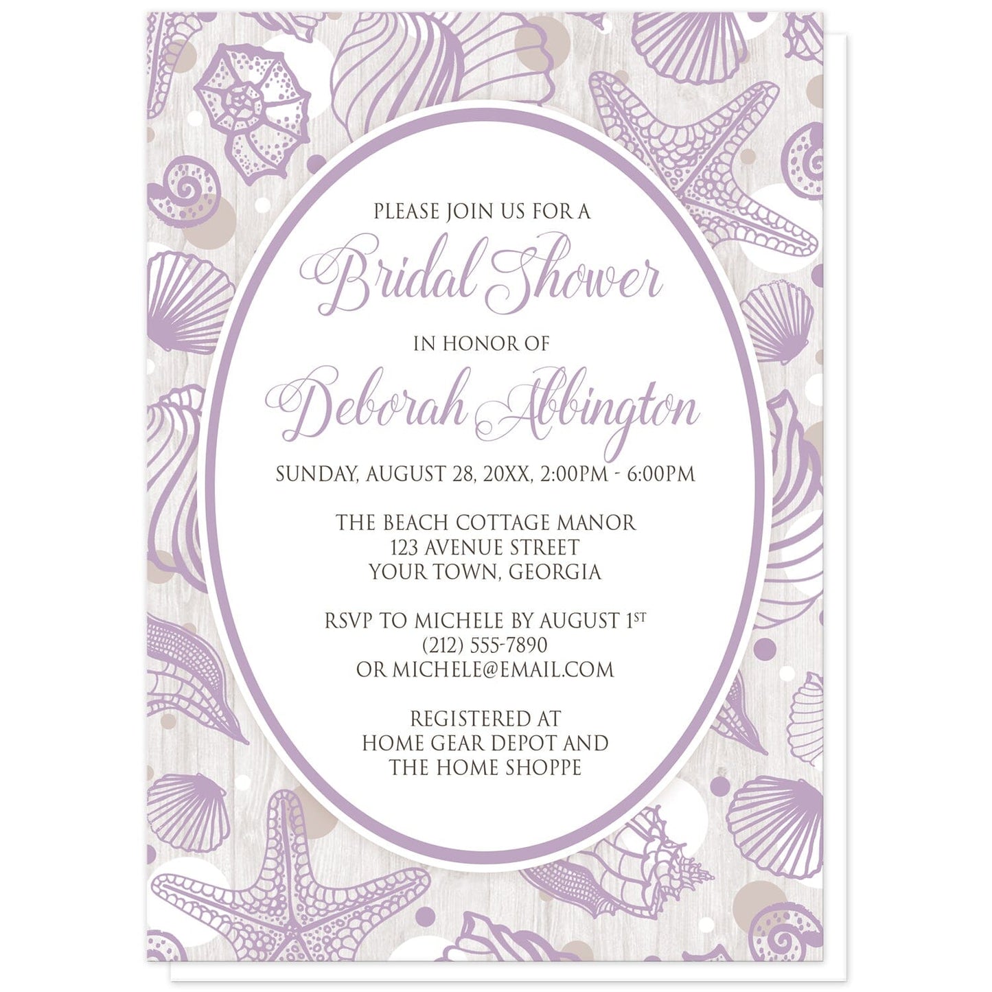 Purple Seashell Whitewashed Wood Beach Bridal Shower Invitations at Artistically Invited. Purple seashell whitewashed wood beach bridal shower invitations with your personalized bridal shower celebration details custom printed in purple and brown inside a purple-outlined white oval. The background of these invites is a lilac purple seashell pattern, with purple, white, and tan circles. The seashells and circles are spread out over a rustic whitewashed wood design.