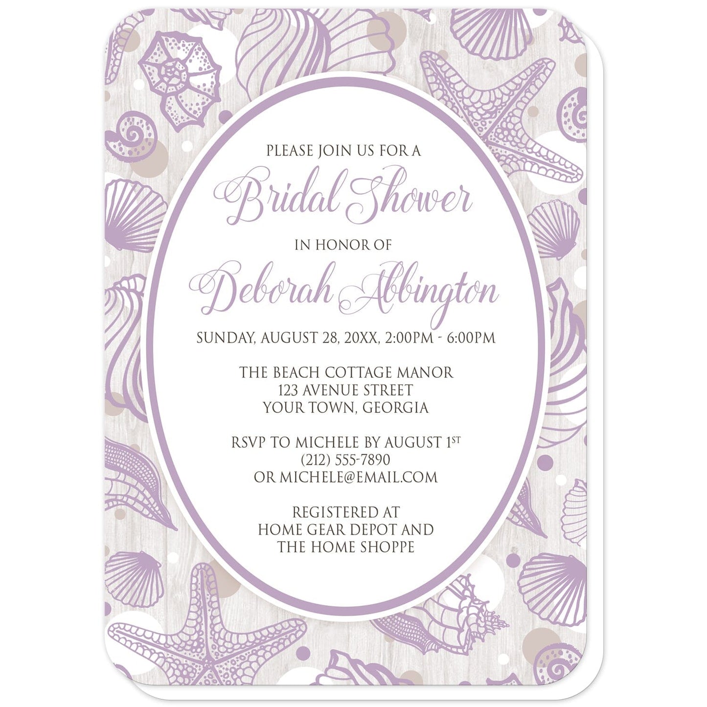 Purple Seashell Whitewashed Wood Beach Bridal Shower Invitations (with rounded corners) at Artistically Invited. Purple seashell whitewashed wood beach bridal shower invitations with your personalized bridal shower celebration details custom printed in purple and brown inside a purple-outlined white oval. The background of these invites is a lilac purple seashell pattern, with purple, white, and tan circles. The seashells and circles are spread out over a rustic whitewashed wood design.