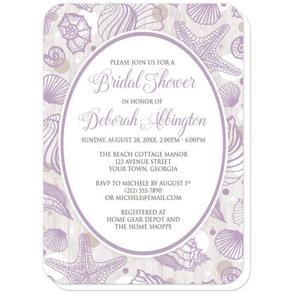 Purple Seashell Whitewashed Wood Beach Bridal Shower Invitations (with rounded corners) at Artistically Invited. Purple seashell whitewashed wood beach bridal shower invitations with your personalized bridal shower celebration details custom printed in purple and brown inside a purple-outlined white oval. The background of these invites is a lilac purple seashell pattern, with purple, white, and tan circles. The seashells and circles are spread out over a rustic whitewashed wood design.