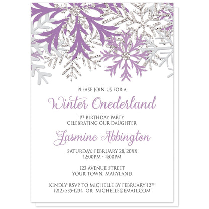 Purple Silver Snowflake 1st Birthday Winter Onederland Invitations at Artistically Invited. Pretty purple silver snowflake 1st birthday Winter Onederland invitations designed with purple, light purple, silver-colored glitter-illustrated, and light gray snowflakes along the top of the invitations. Your personalized 1st birthday party details are custom printed in purple and gray on white below the snowflakes.
