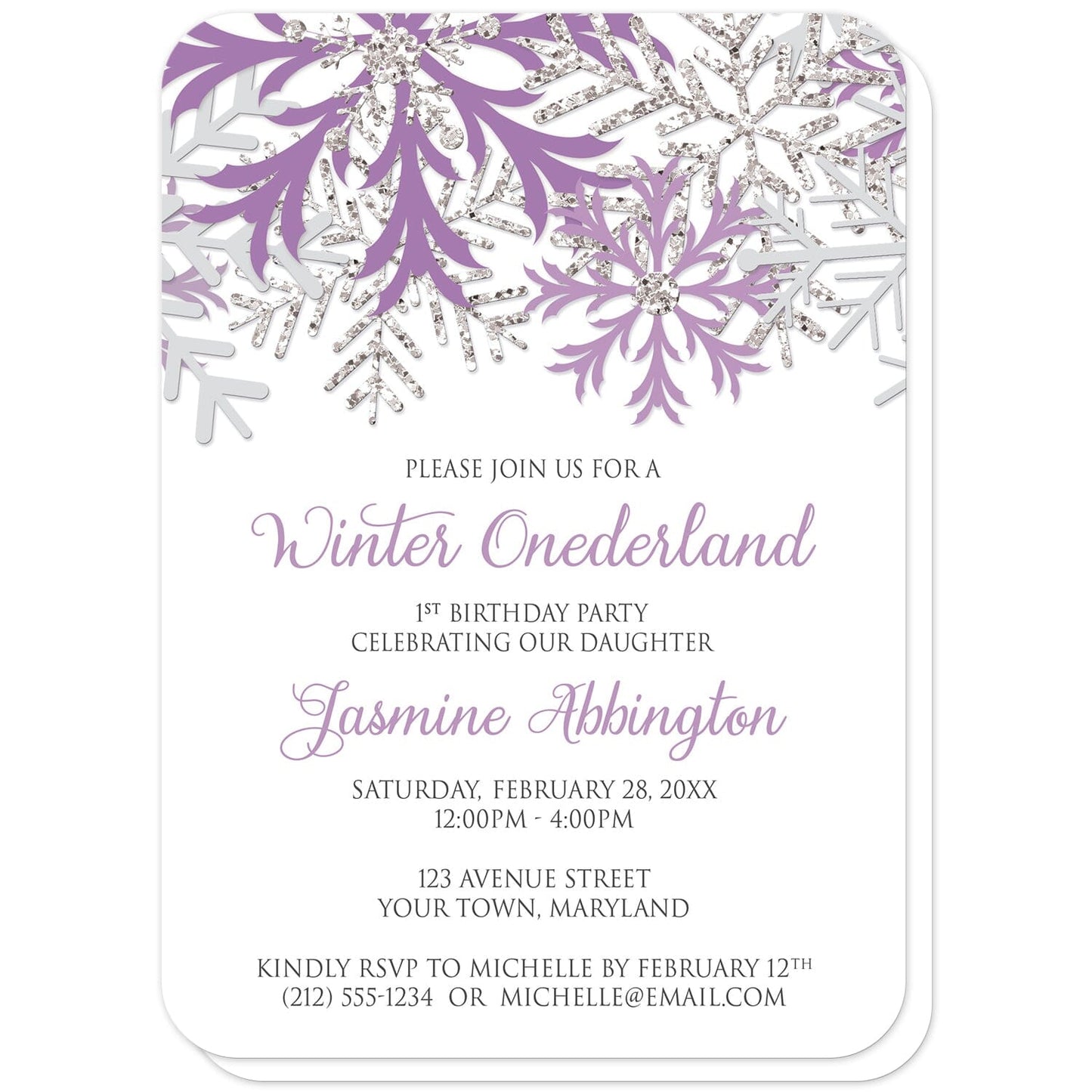 Purple Silver Snowflake 1st Birthday Winter Onederland Invitations (with rounded corners) at Artistically Invited. Pretty purple silver snowflake 1st birthday Winter Onederland invitations designed with purple, light purple, silver-colored glitter-illustrated, and light gray snowflakes along the top of the invitations. Your personalized 1st birthday party details are custom printed in purple and gray on white below the snowflakes.