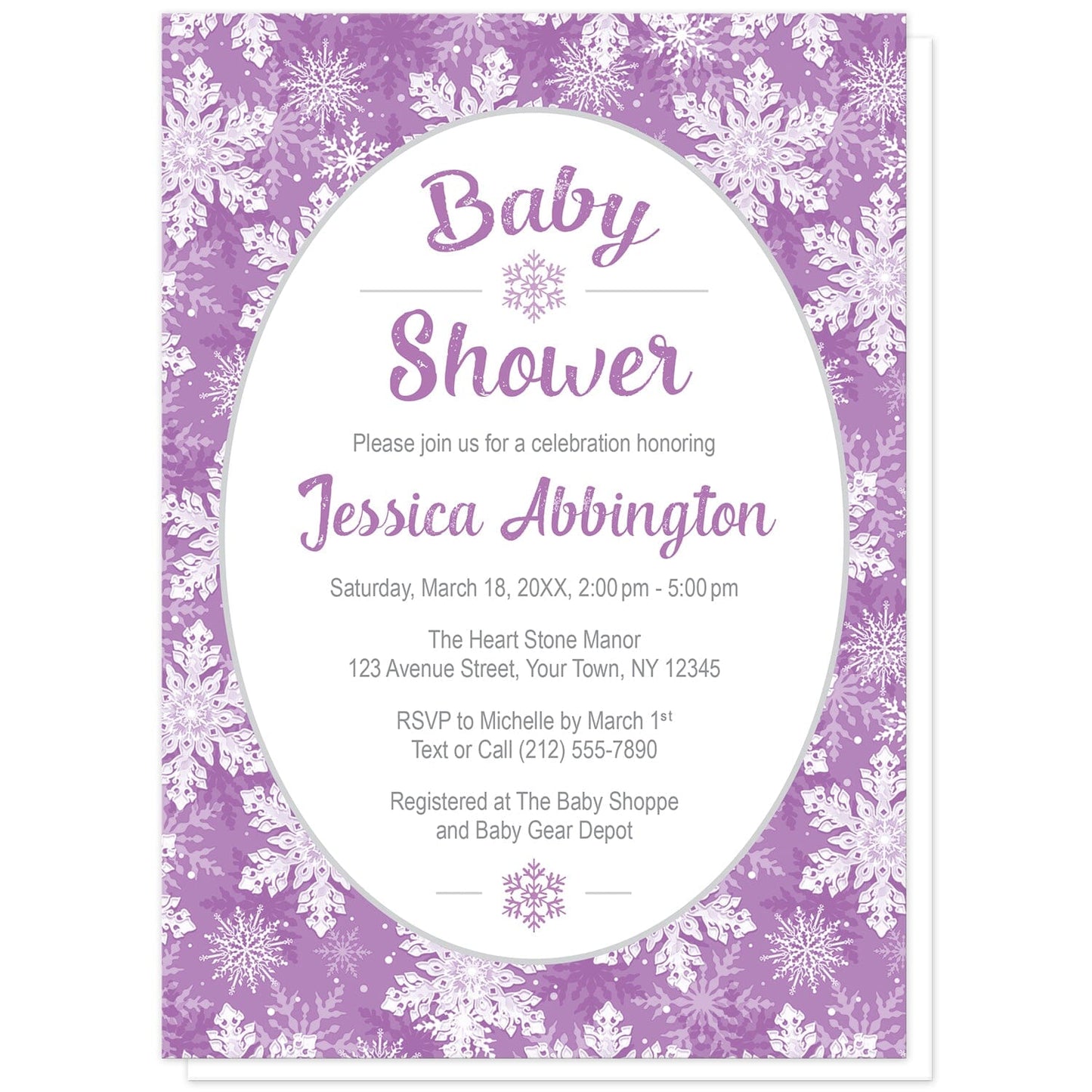 Purple Snowflake Baby Shower Invitations at Artistically Invited. Pretty purple snowflake baby shower invitations with your personalized baby shower celebration details custom printed in purple and gray in a white oval frame design over a purple and white snowflake pattern background.