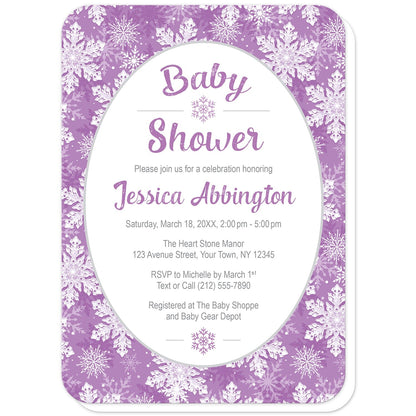 Purple Snowflake Baby Shower Invitations (with rounded corners) at Artistically Invited. Pretty purple snowflake baby shower invitations with your personalized baby shower celebration details custom printed in purple and gray in a white oval frame design over a purple and white snowflake pattern background.