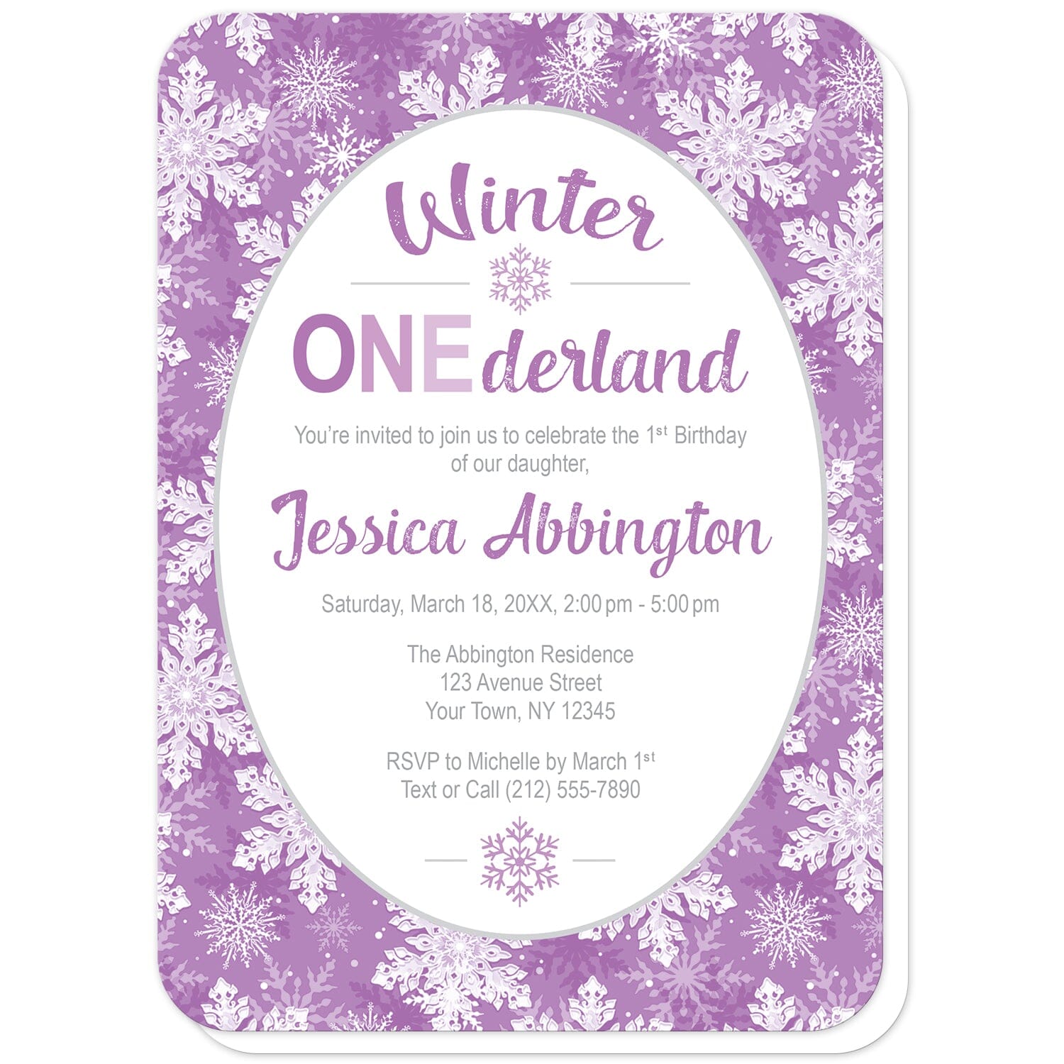 Purple Snowflake 1st Birthday Winter Onederland Invitations (with rounded corners) at Artistically Invited. Beautifully ornate purple snowflake 1st birthday Winter Onederland invitations designed with your personalized 1st birthday party details custom printed in purple and gray in a white oval frame design over a pretty purple and white snowflake pattern background.